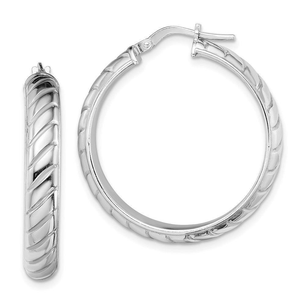 Sterling Silver Rhodium-plated 5x25mm Polished Textured Hoops, 25 x 5 mm