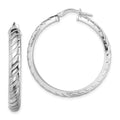 Sterling Silver Rhodium-plated 5x30mm Polished Textured Hoops, 30 x 5 mm