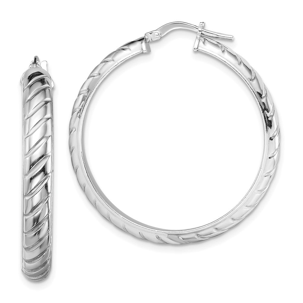 Sterling Silver Rhodium-plated 5x30mm Polished Textured Hoops, 30 x 5 mm