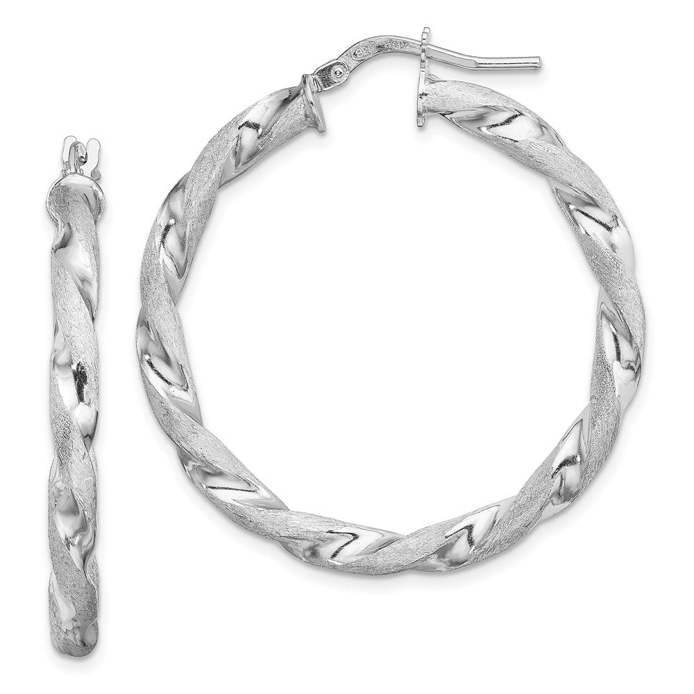 Sterling Silver RH-Plated Satin Polished Twisted 3x35mm Hoop Earrings, 38.1 x 36.8 mm