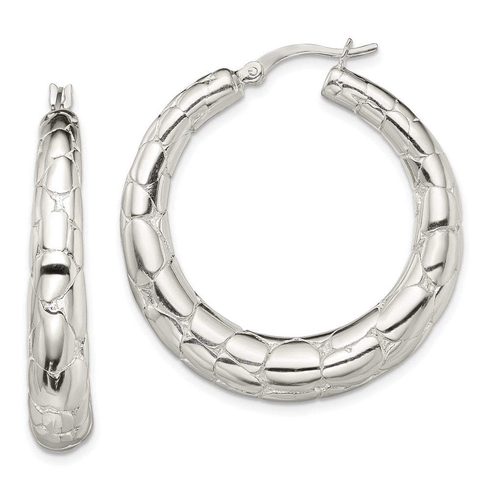 Sterling Silver Polished & Pebbled Round Hoop Earrings, 38.1 x 35.6 mm