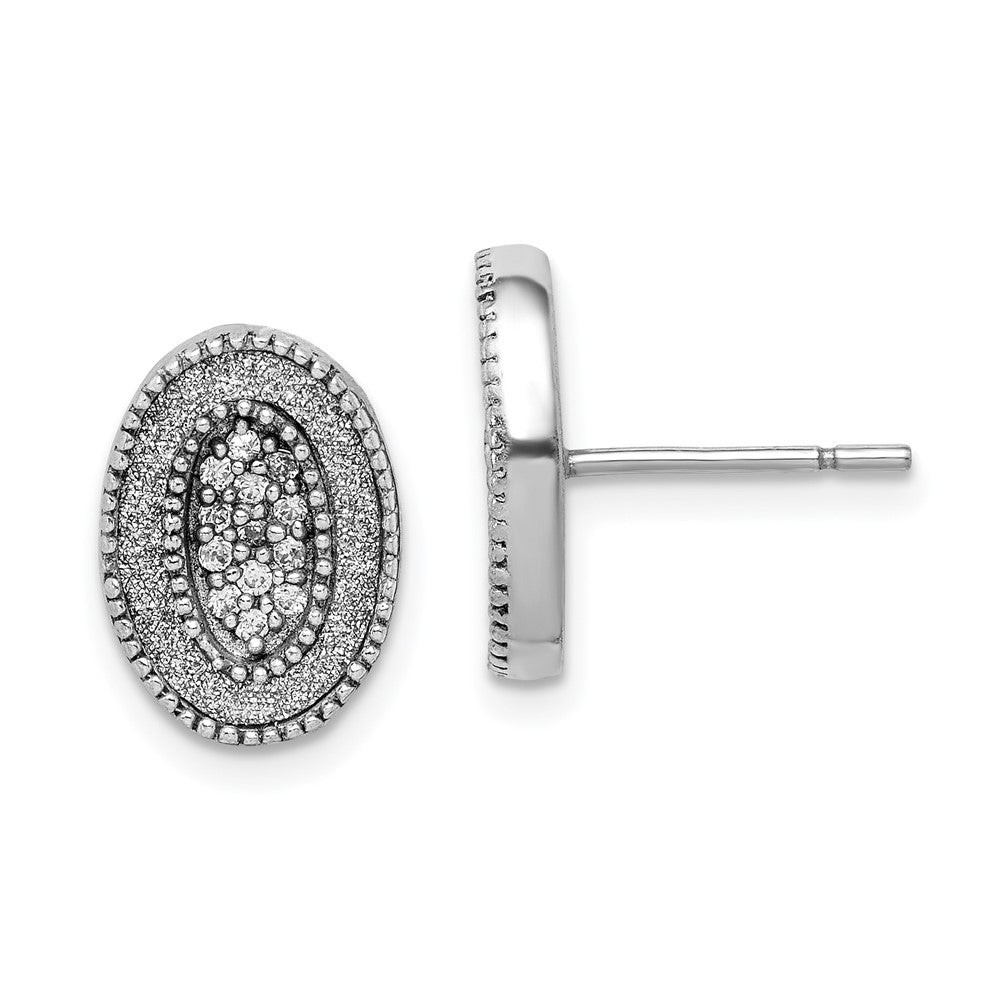 Sterling Silver Rhodium-plated Enamel Glitter Fabric w/CZ Oval Post Earring, 12.8 x 9.1 mm