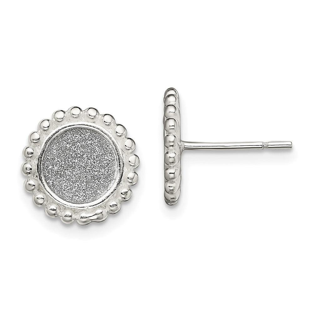Sterling Silver Polished & Beaded Enamel Glitter Fabric Round Post Earrings, 11.1 x 11.1 mm