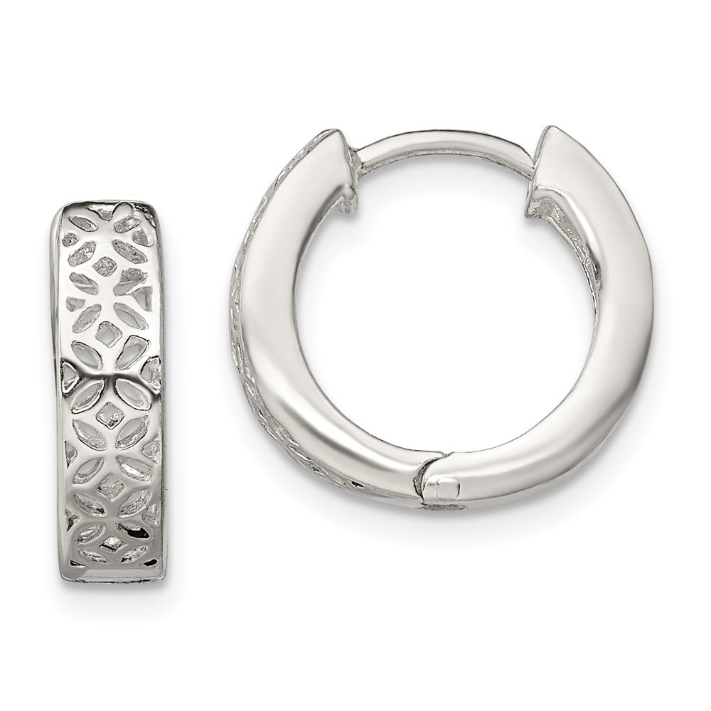 Sterling Silver Polished Cut-out Design Hinged Hoop Earrings, 15.3 x 16.2 mm