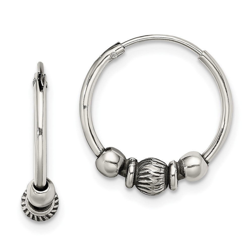 Sterling Silver Antiqued Beaded Endless Hoop Earrings, 16.5 x 4.25 mm