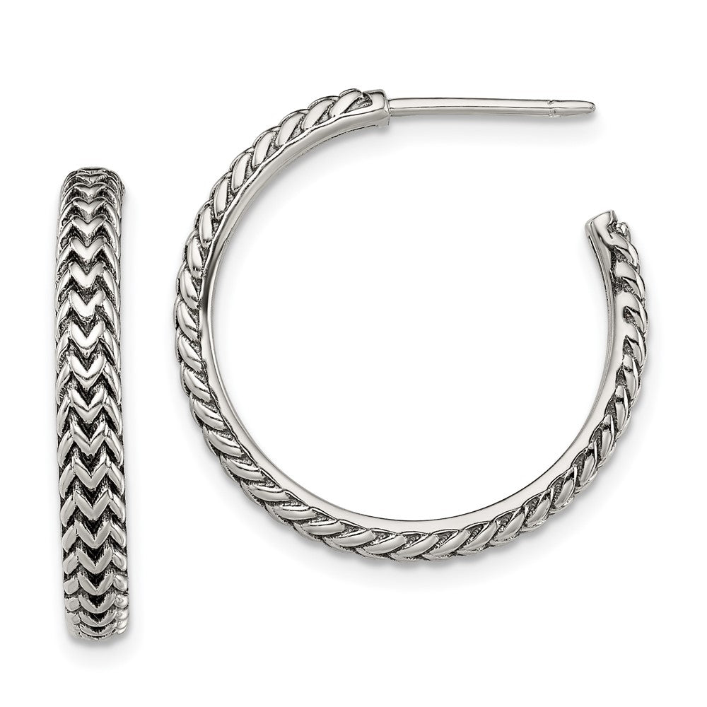 Sterling Silver Antiqued Large Zig Zag Hoop Post Earrings, 24 x 4 mm