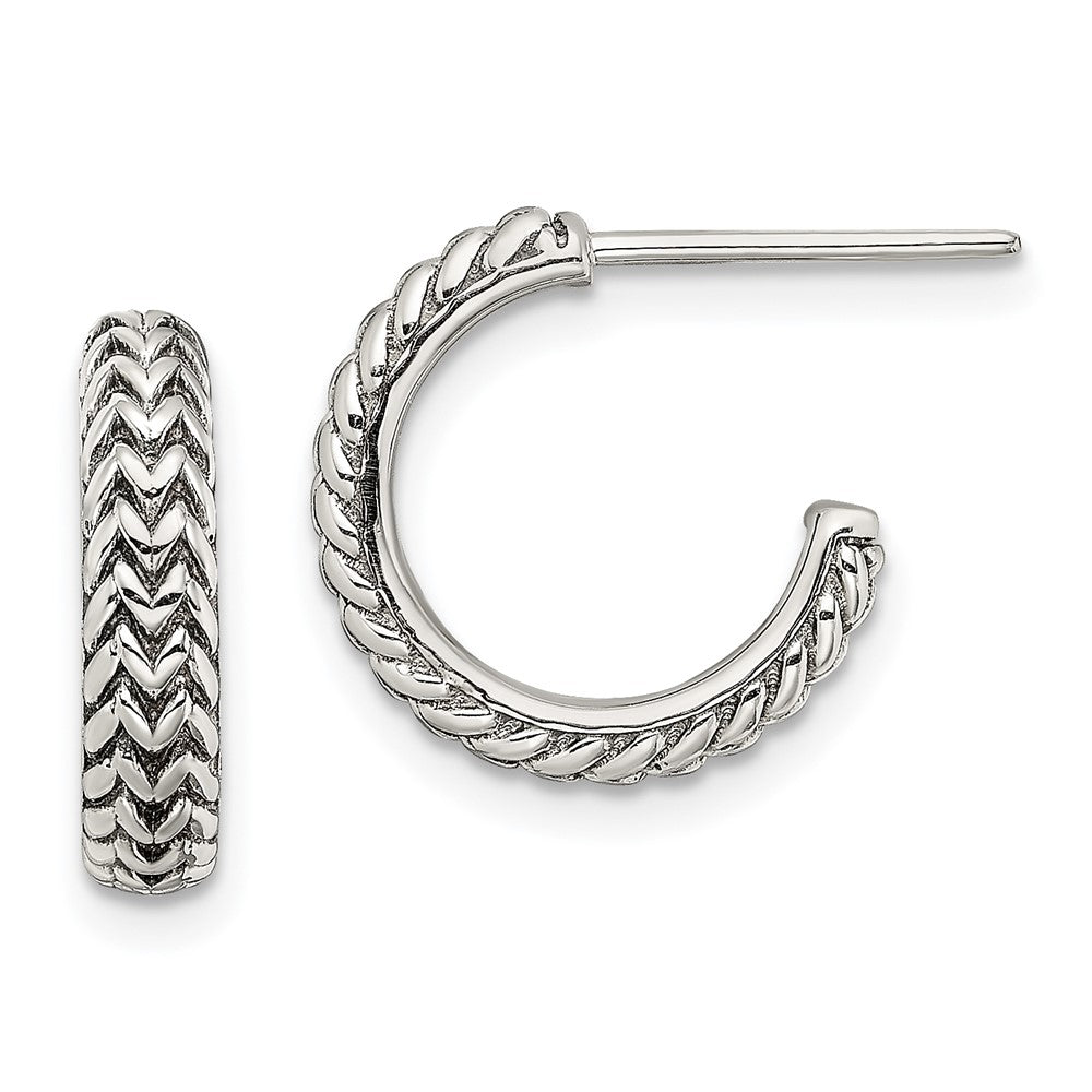Sterling Silver Antiqued Small ZigZag Hoop Post Earrings, 14 x 3 mm