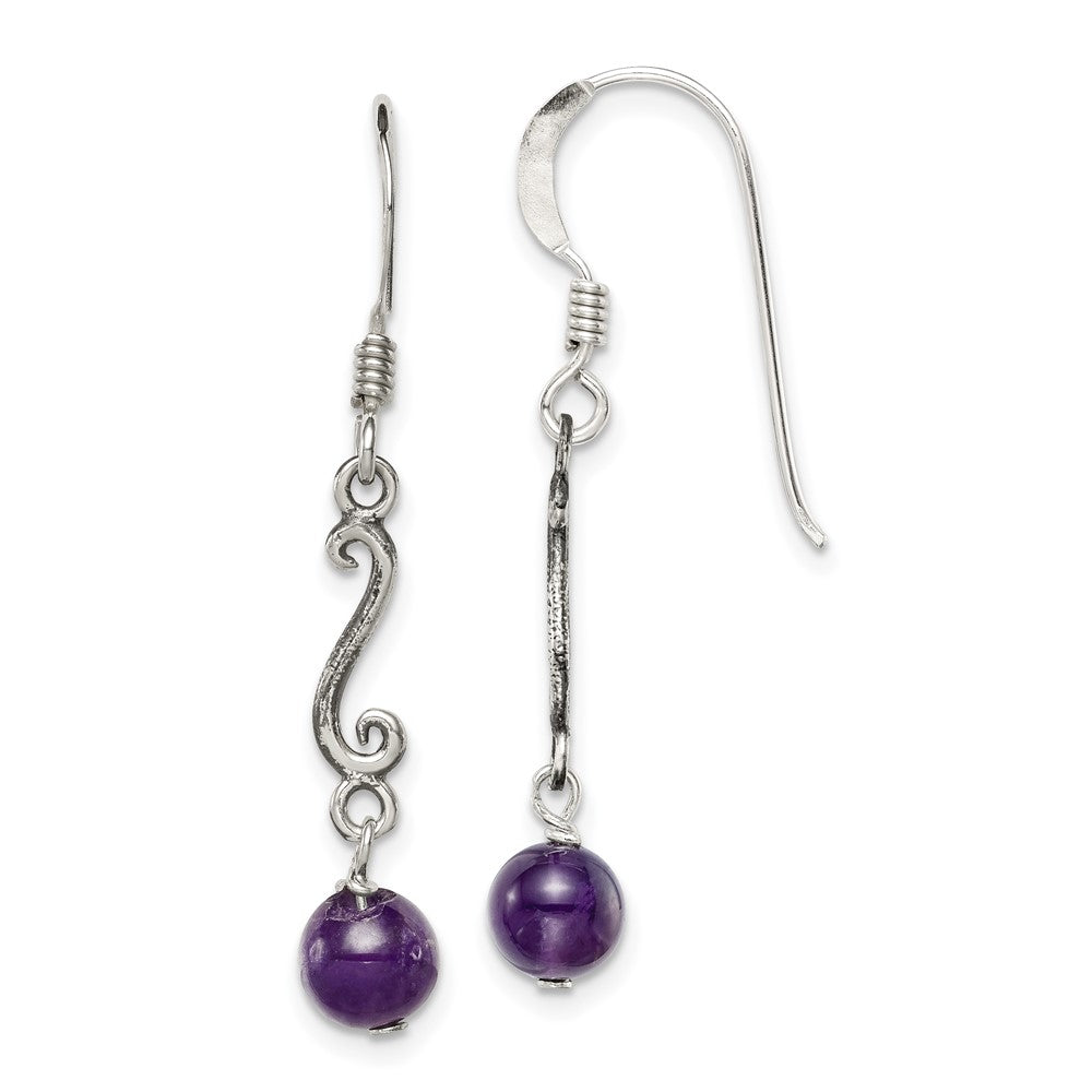 Sterling Silver Polished & Antiqued Amethyst Swirl Dangle Earrings, 36 x 6 mm