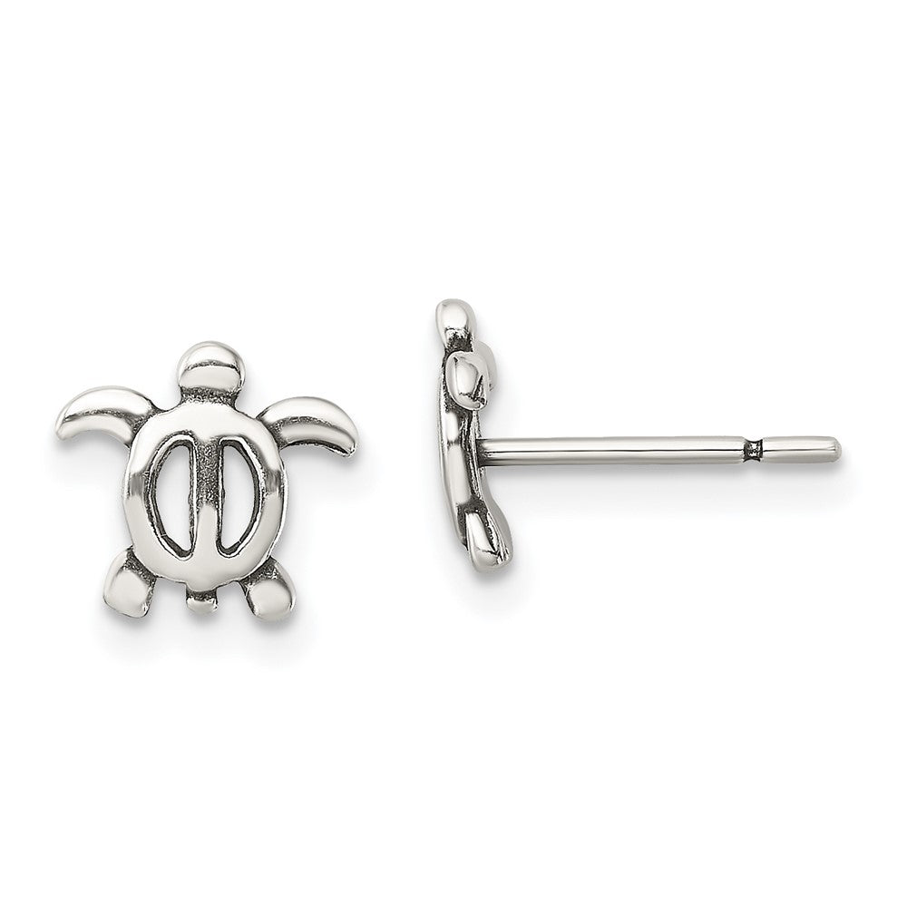 Sterling Silver Antiqued Turtle Post Earrings, 7.75 x 8.5 mm