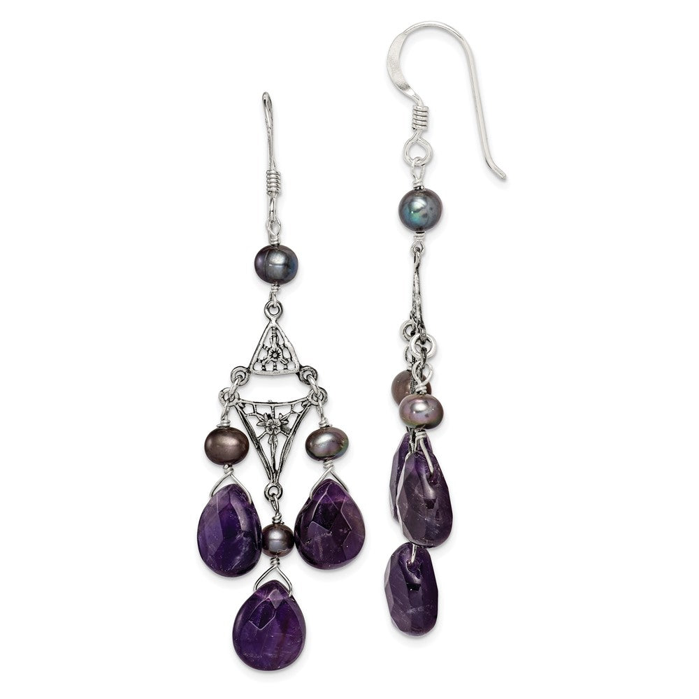 Sterling Silver Antiqued Floral Filigree Amethyst/FWC Pearl Dangle Earrings, 64 x 8 mm