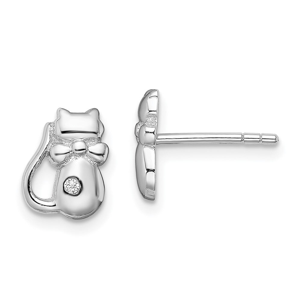 Sterling Silver Rhodium-plated CZ Cat Post Earrings, 9.25 x 7 mm