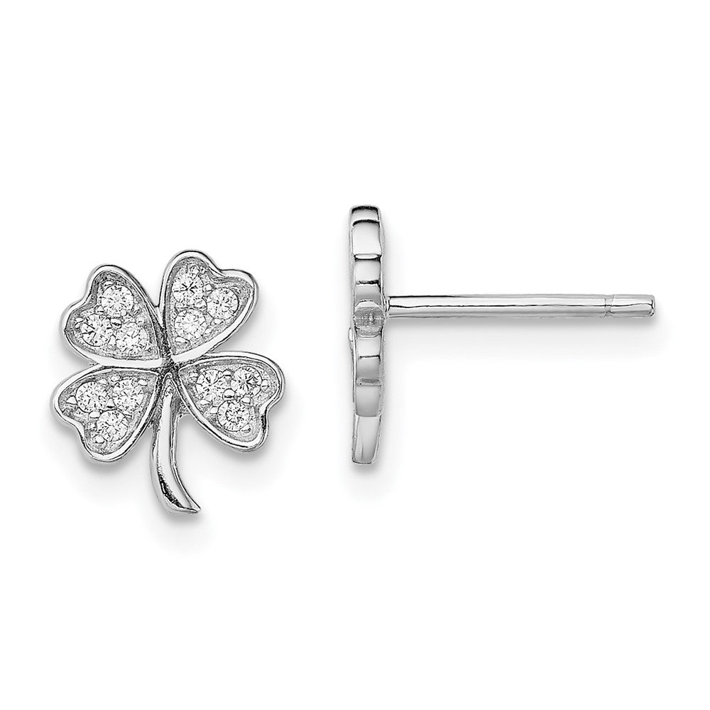 Sterling Silver Rhodium-plated Polished CZ 4 Leaf Clover Post Earrings, 9.36 x 8.6 mm