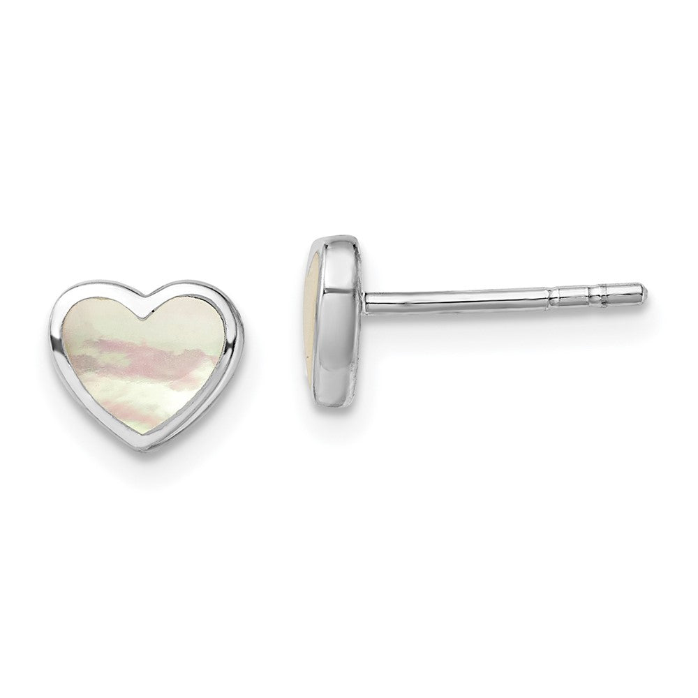 Sterling Silver Rhodium-plated Mother of Pearl Heart Post Earrings, 6.85 x 7.5 mm