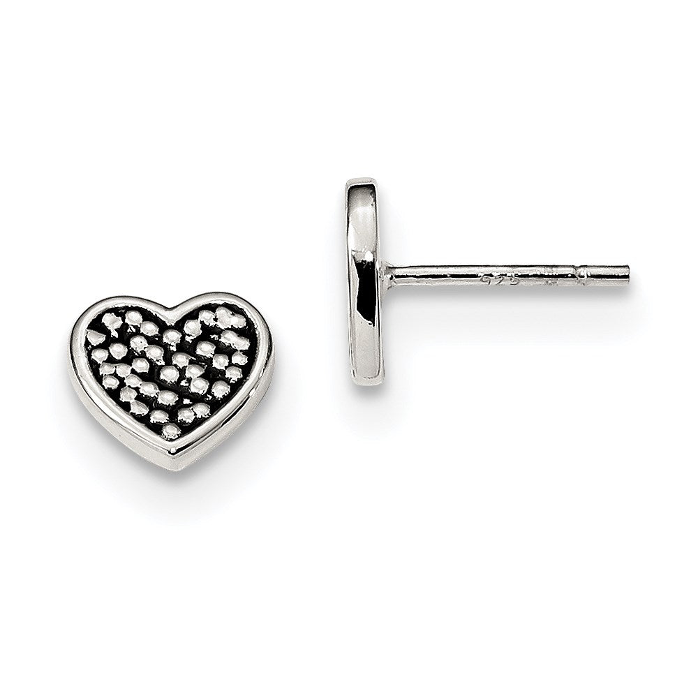 Sterling Silver Antiqued Heart Post Earrings, 8.2 x 8.8 mm