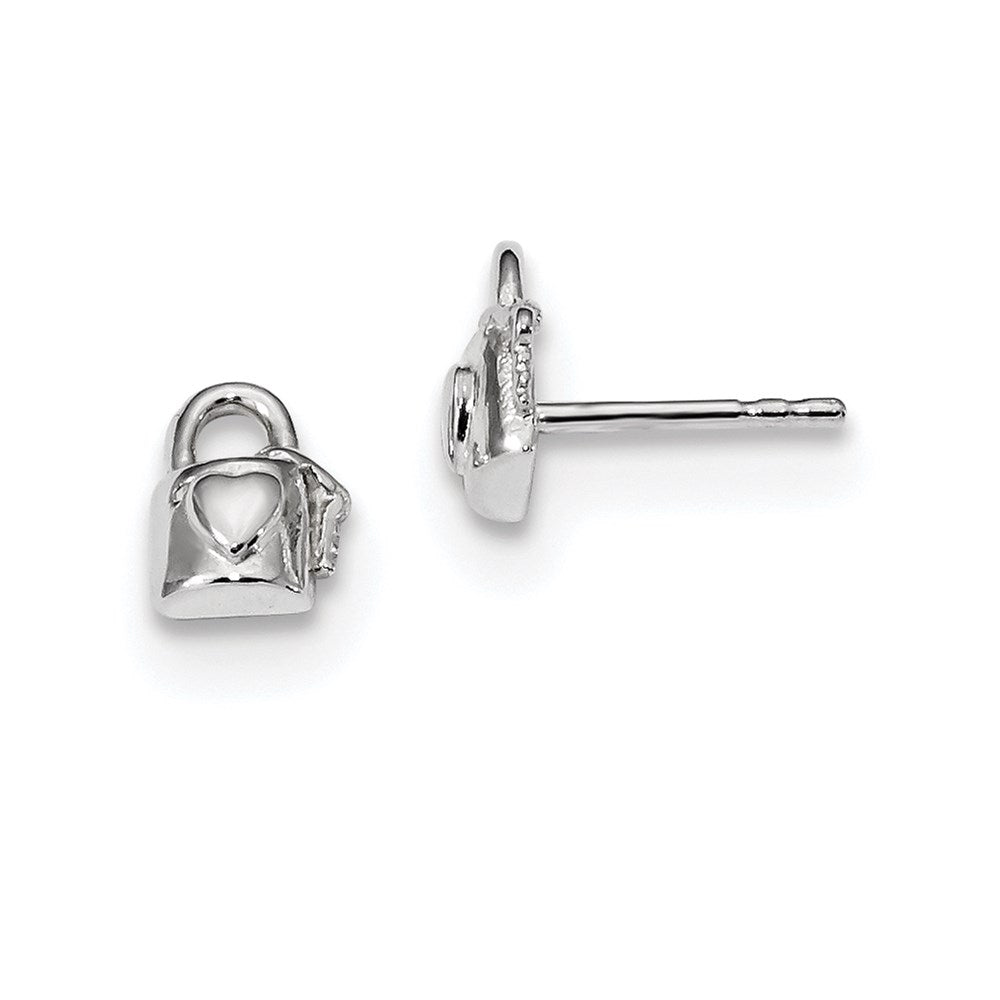Sterling Silver Rhodium-plated Lock w/Heart and Key Post Earrings, 7.5 x 5.8 mm