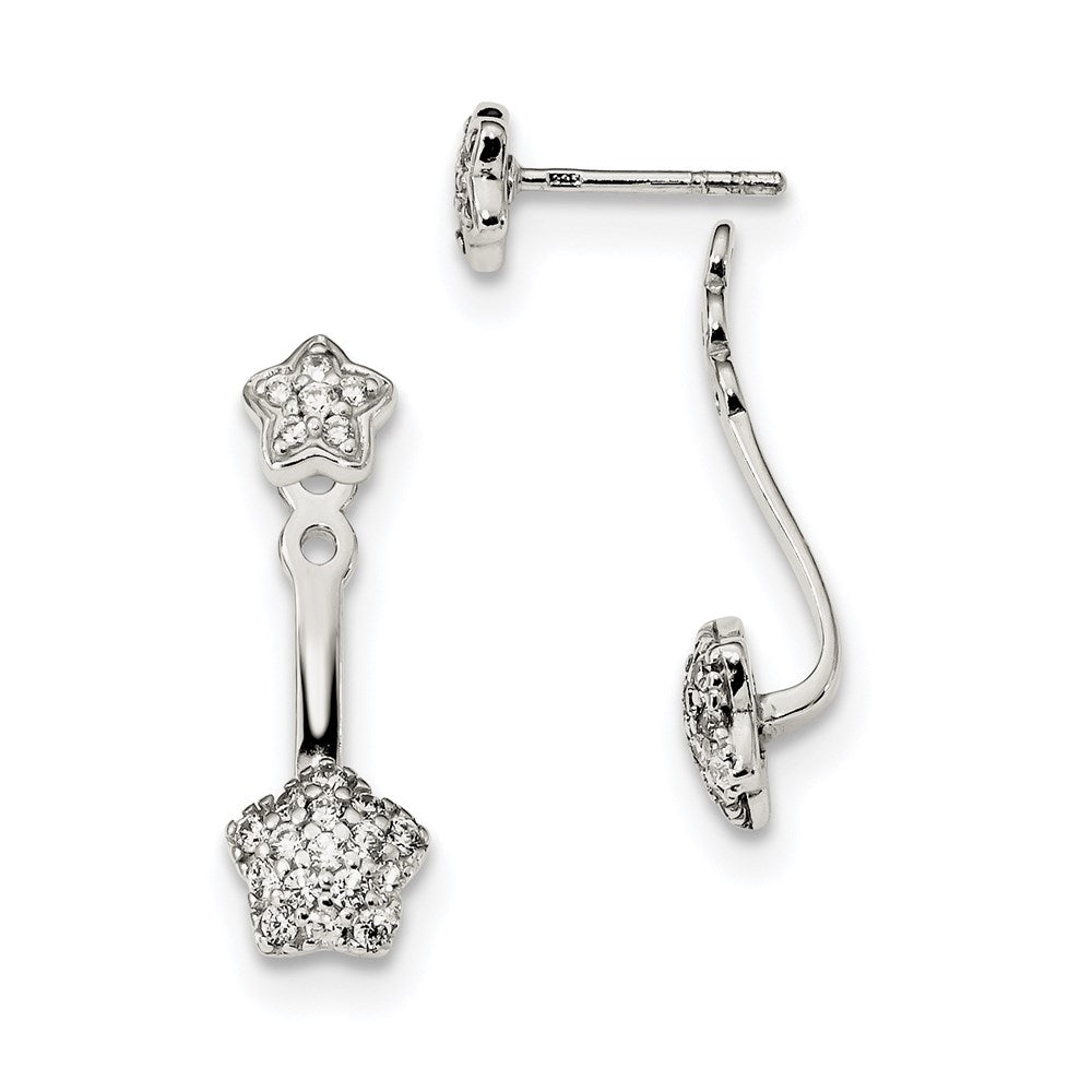 Sterling Silver CZ Removeable Front Back Star Earrings, 25.2 x 7.6 mm