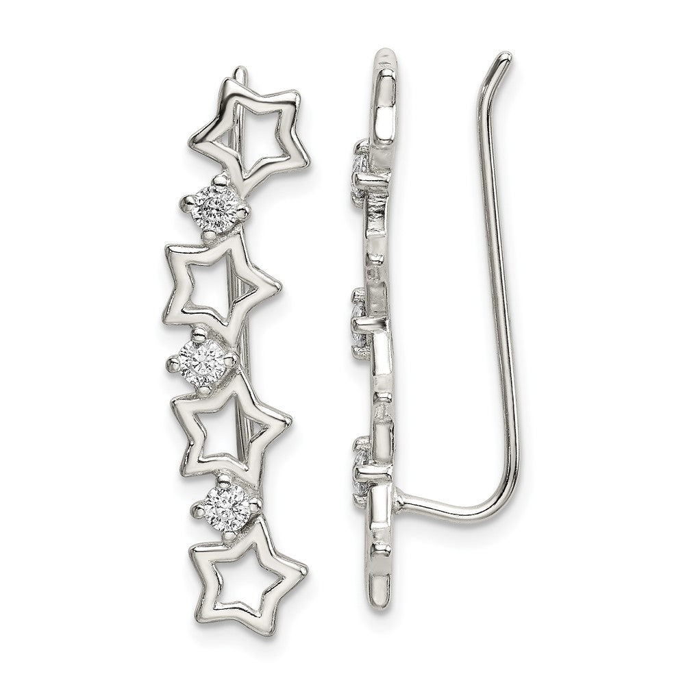 Sterling Silver Polished CZ Stars Ear Climber Earrings, 29 x 6 mm