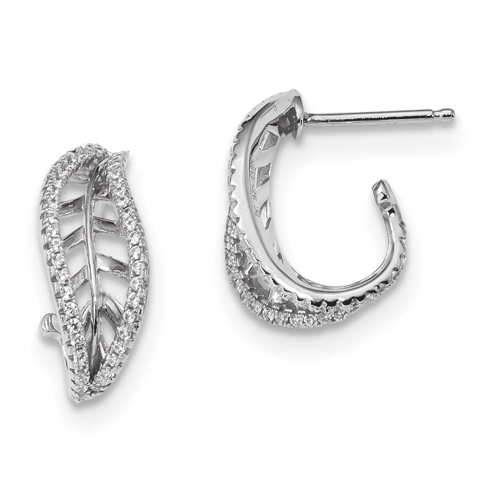 Sterling Silver Rhodium-plated CZ J-Hoop Leaf Post Earrings, 19.3 x 7.5 mm