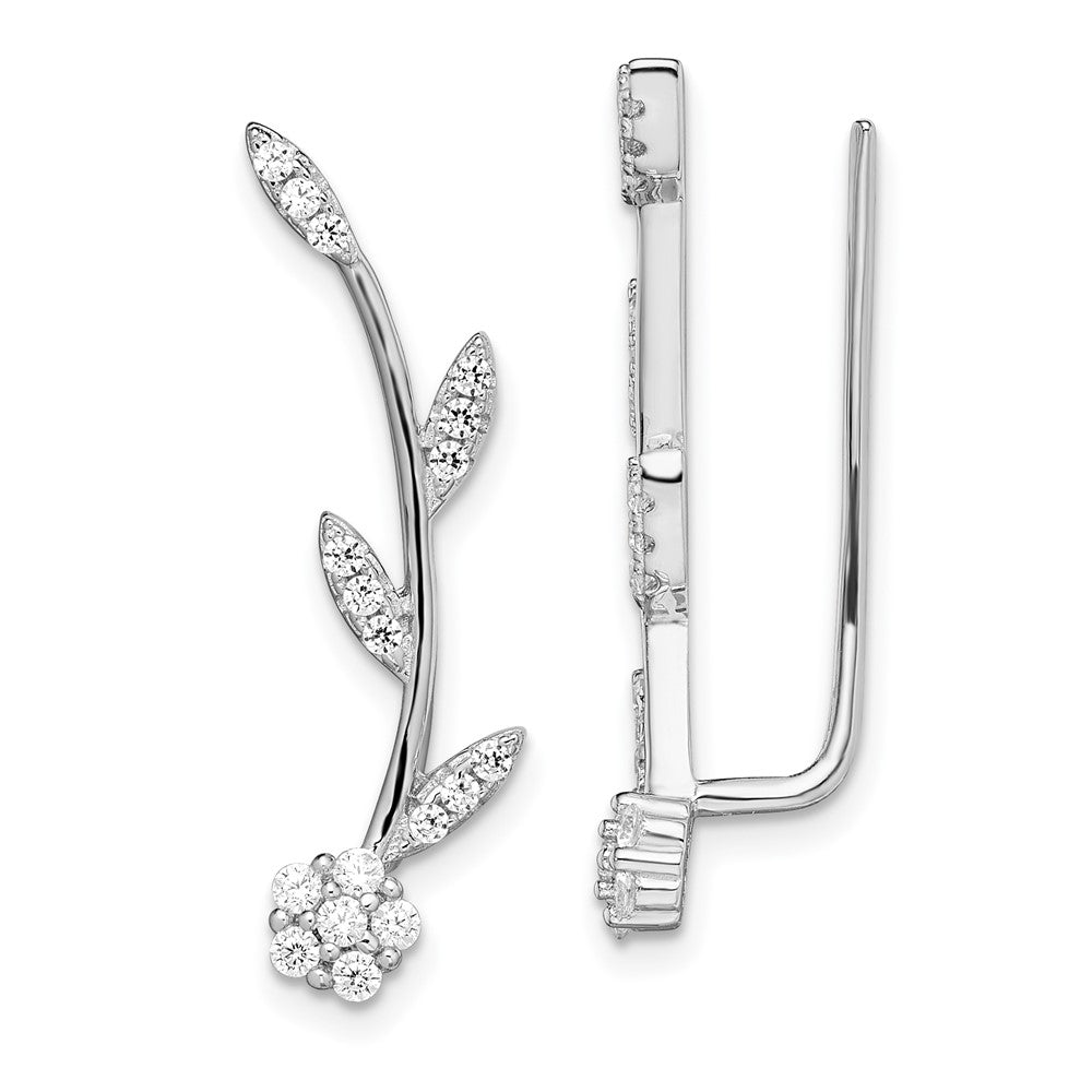 Sterling Silver Rhodium-plated Polished CZ Flower w/Stem Ear Climber Earrin, 27.4 x 6.5 mm