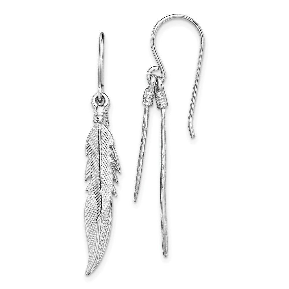 Sterling Silver Rhodium-plated Polished Feathers Dangle Earrings, 41.3 x 6.5 mm
