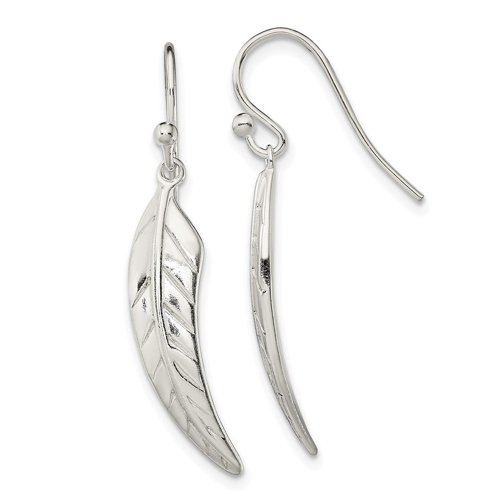 Sterling Silver Polished Leaf Dangle Shepherd Hook Earrings, 34.3 x 5.9 mm