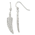 Sterling Silver Textured CZ Feather Shepherd Hook Earrings, 39.6 x 7.8 mm