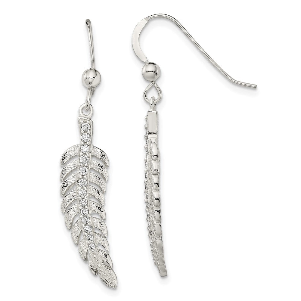 Sterling Silver Textured CZ Feather Shepherd Hook Earrings, 39.6 x 7.8 mm