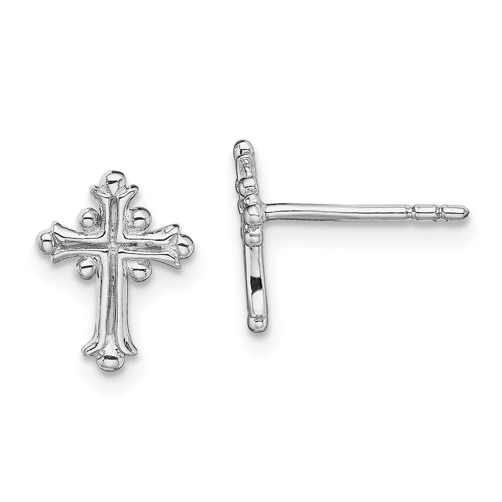 Sterling Silver RH-pltd Polished Textured Budded Cross Post Earrings, 10.3 x 8 mm