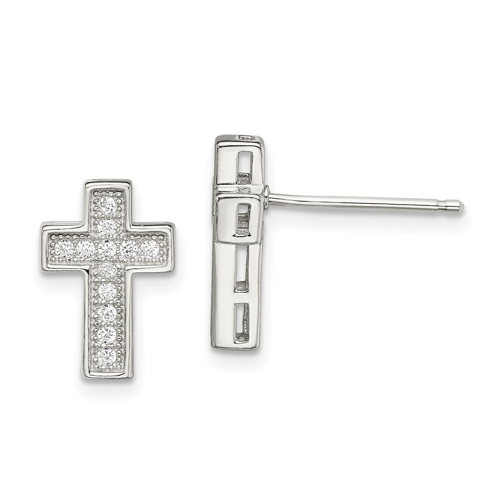 Sterling Silver Rhodium-plated CZ Cross Post Earrings, 12.8 x 8.6 mm