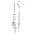 Sterling Silver Polished Miraculous Medal & Latin Cross Beaded Multi-Strand Dangle Earrings, 79.8 x 10.9 mm