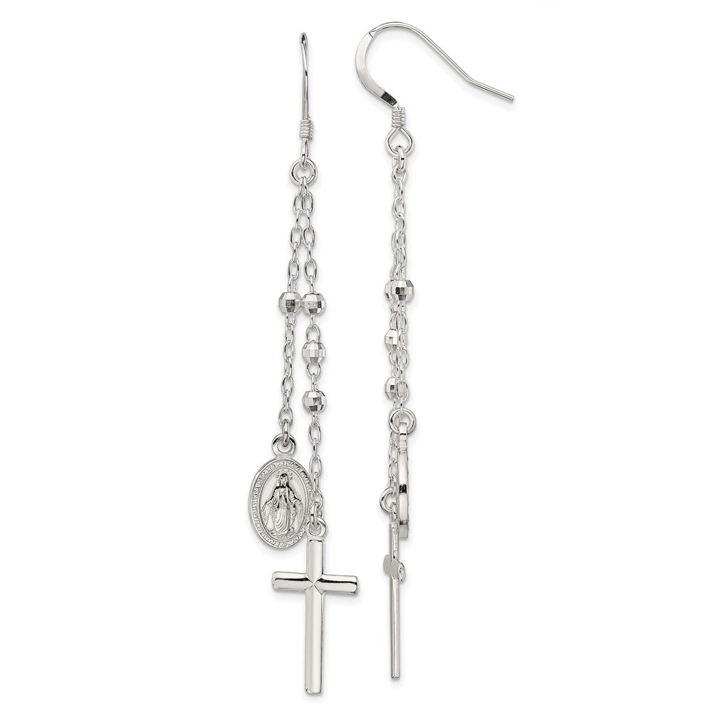 Sterling Silver Polished Miraculous Medal & Latin Cross Beaded Multi-Strand Dangle Earrings, 79.8 x 10.9 mm