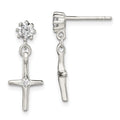 Sterling Silver Polished CZ Cross Post Dangle Earrings, 21.3 x 8.2 mm