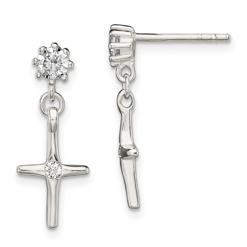 Sterling Silver Polished CZ Cross Post Dangle Earrings, 21.3 x 8.2 mm