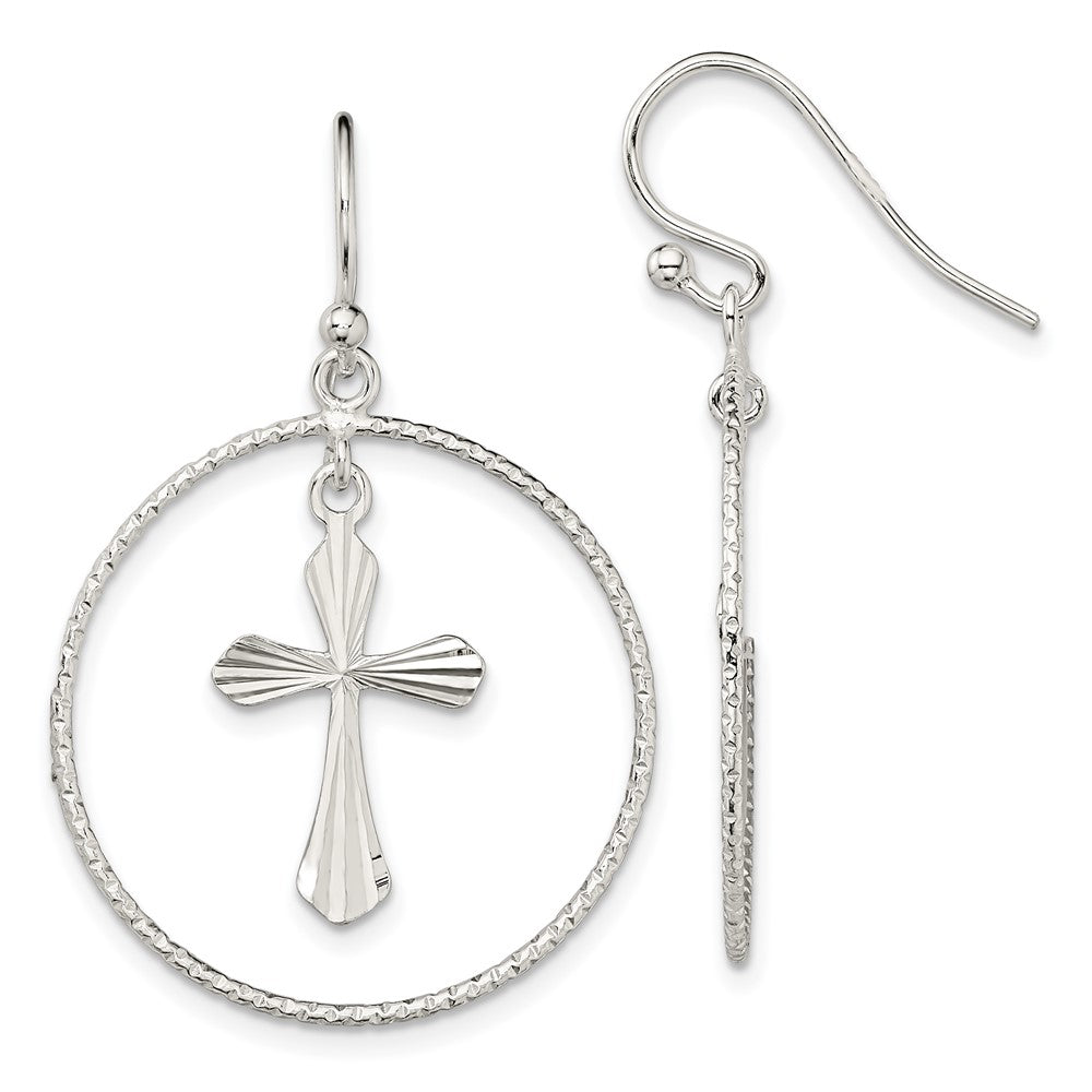 Sterling Silver Polished & Diamond-cut Cross Circle Dangle Earrings, 39 x 25.4 mm