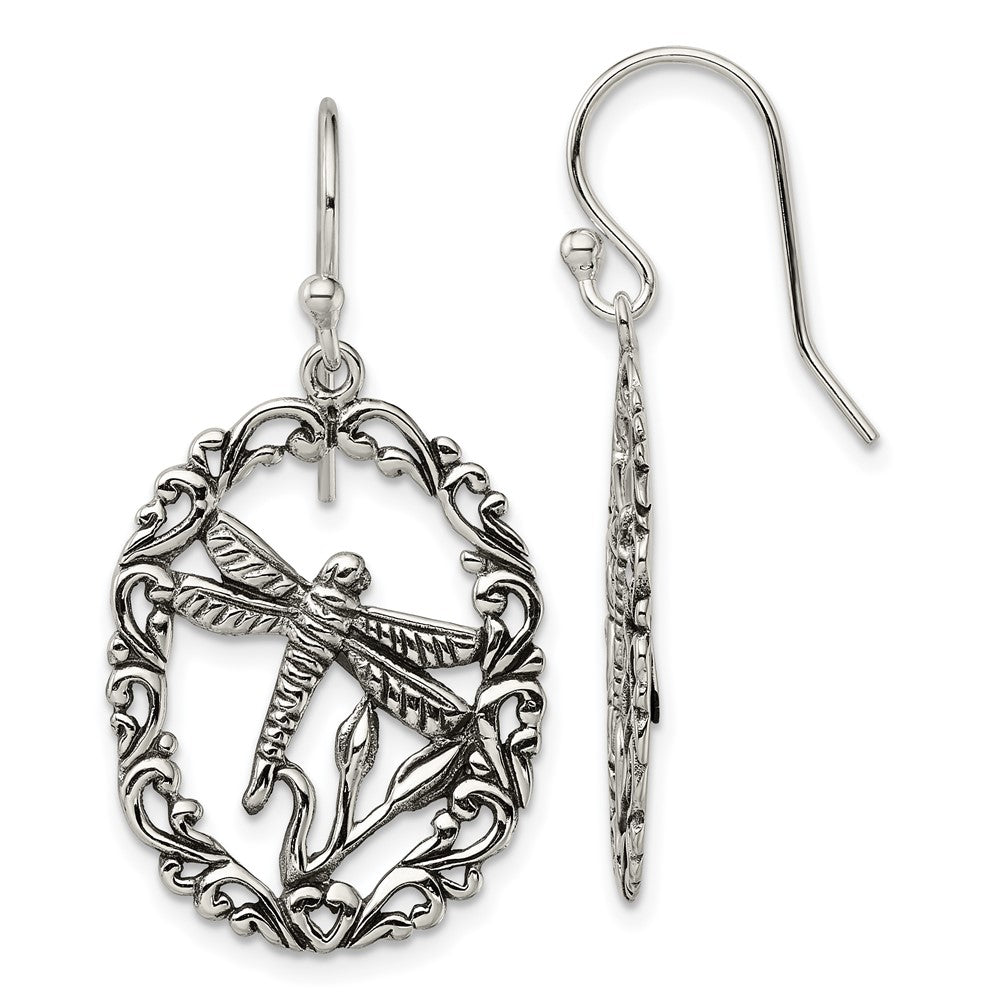 Sterling Silver Antiqued Dragonfly Dangle Shepherds Hook Earrings, 27.3 x 5.7 mm