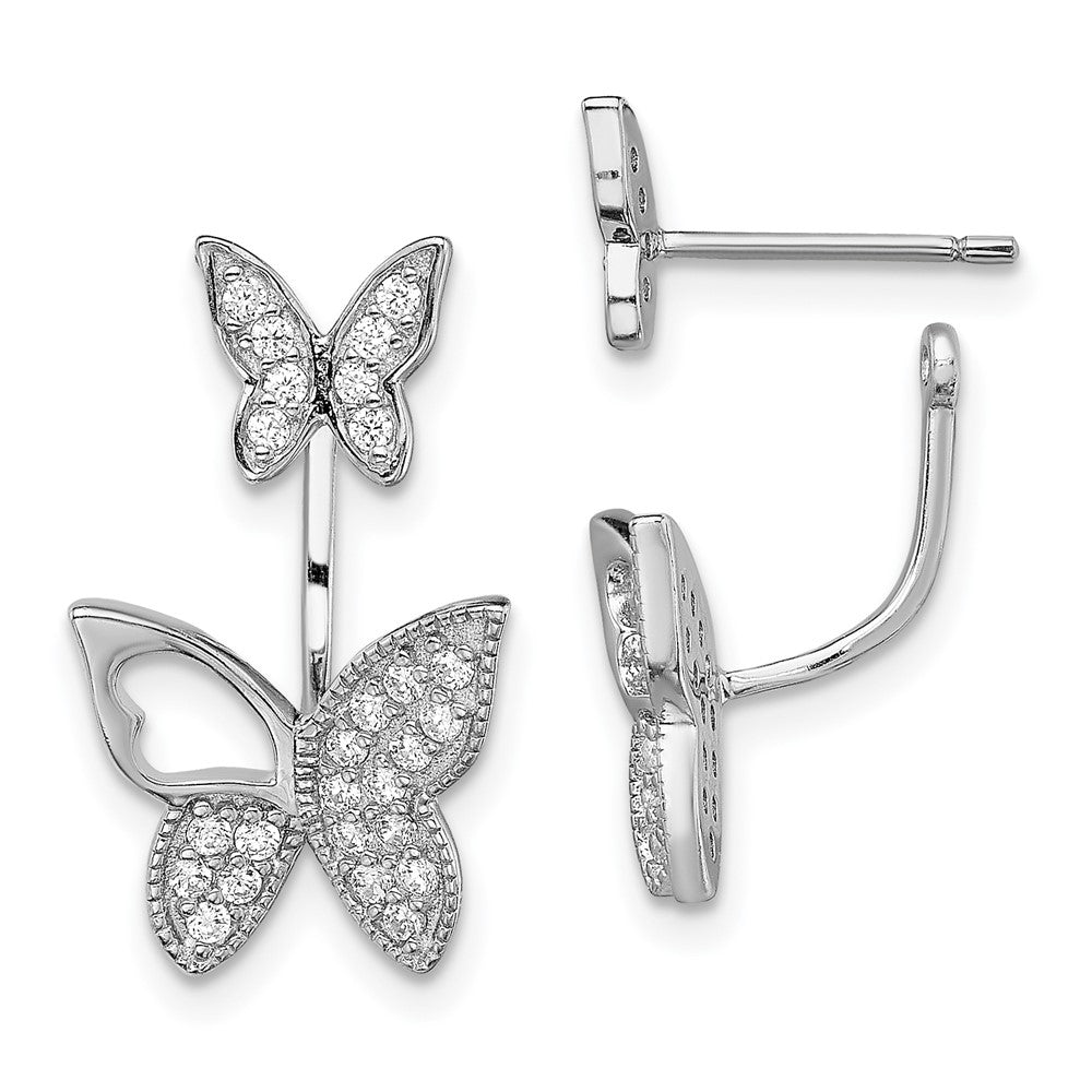 Sterling Silver Rhodium-plated CZ Butterfly Front and Back Earrings, 18.8 x 11.9 mm