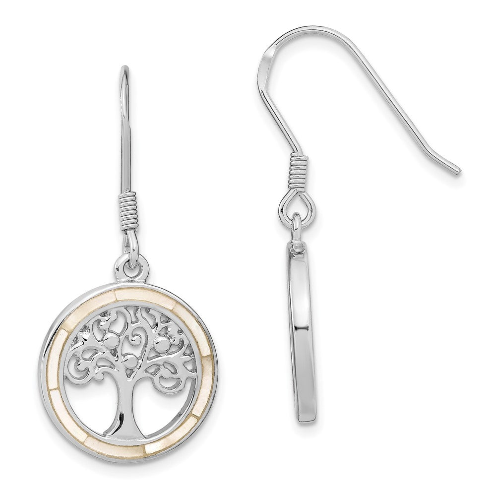 Sterling Silver Rhodium-plated White MOP Tree of Life Earrings, 37.03 x 16.8 mm