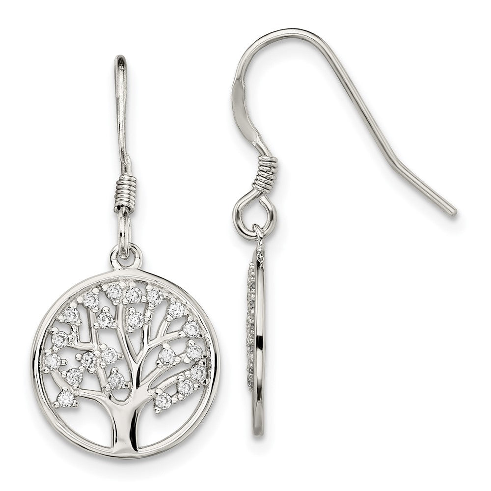 Sterling Silver Rhod-pltd CZ Tree of Life Dangle Shepherd Hook Earrings, 27.34 x 13.8 mm