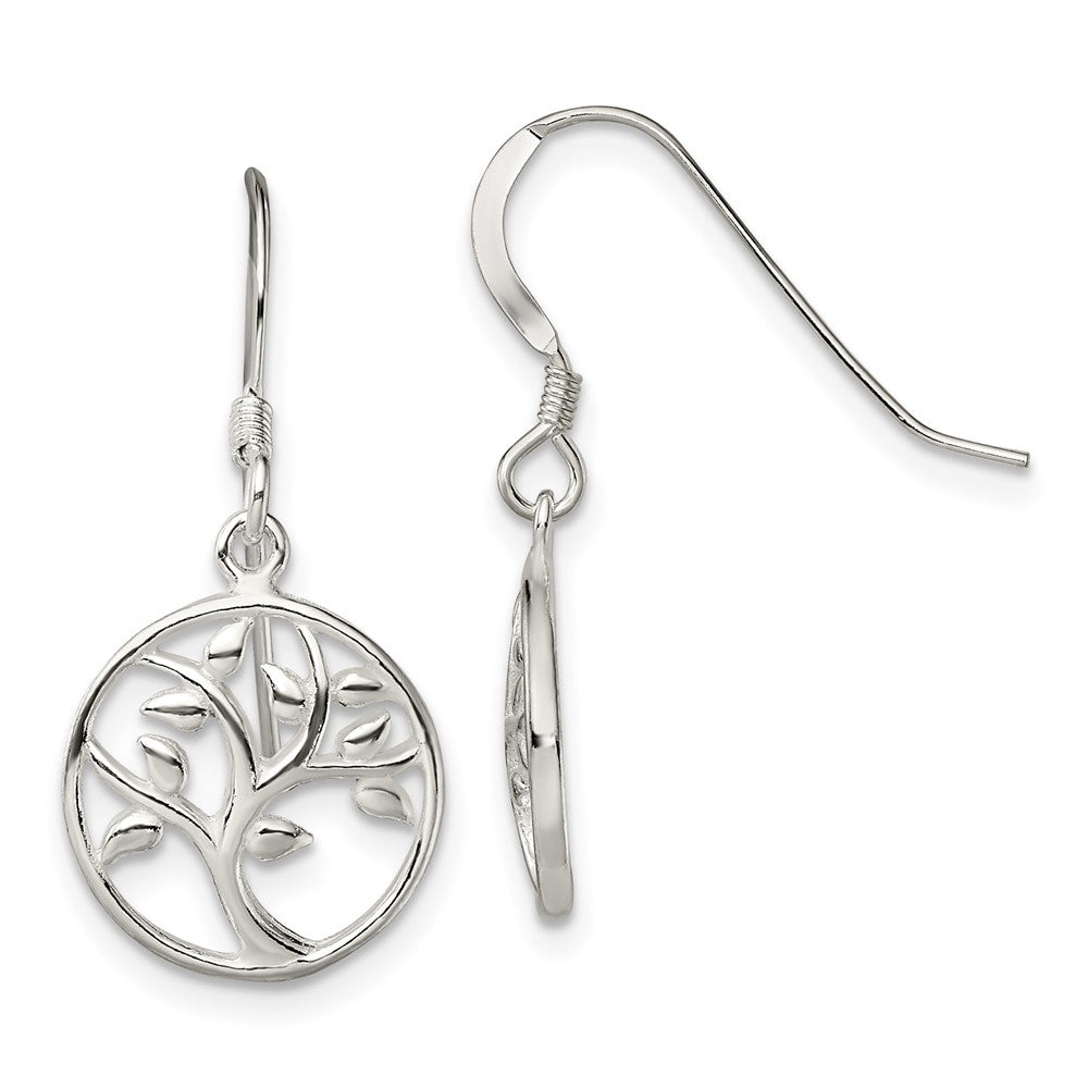 Sterling Silver Polished Tree Dangle Shepherd Hook Earrings, 25.6 x 11.9 mm