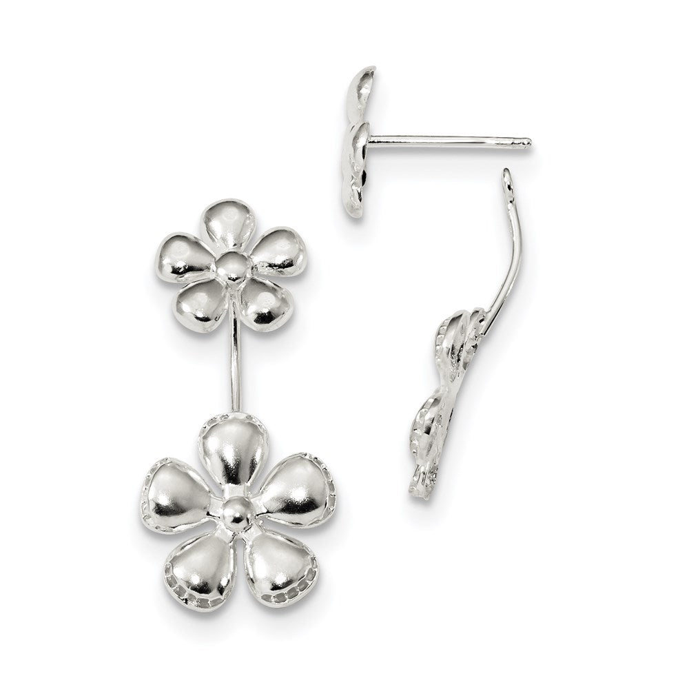 Sterling Silver Front & Back Polished Flower Earrings, 29.6 x 14.7 mm