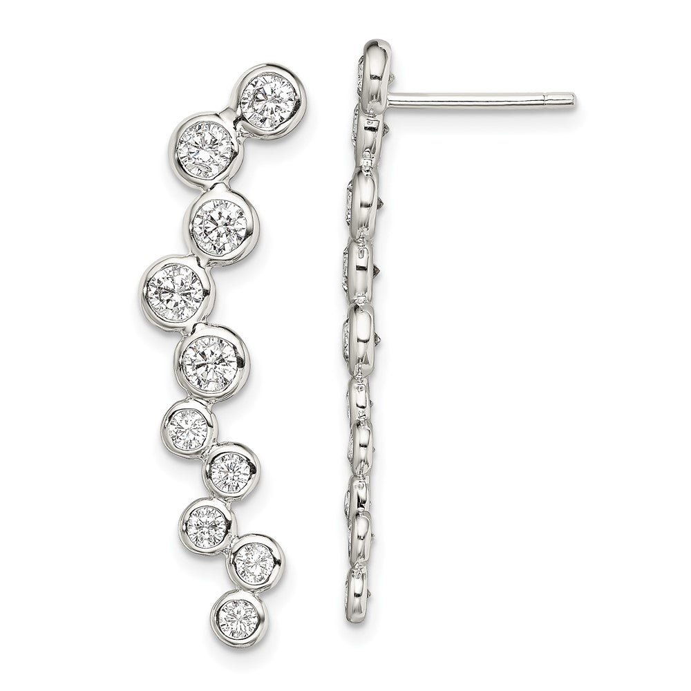 Sterling Silver Rhod-plated Polished Bezel CZ Post Ear Climber Earrings, 33 x 12 mm