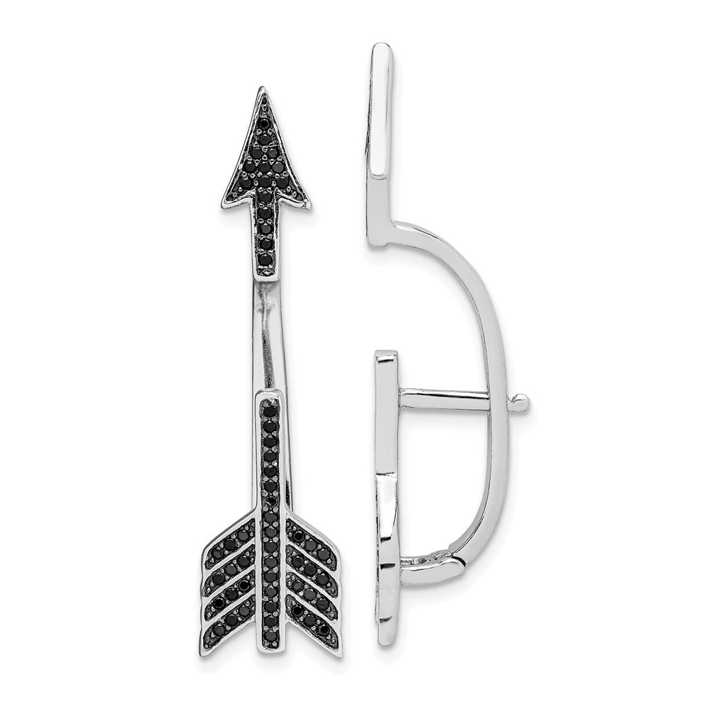 Sterling Silver Rhodium-plated Polished Black CZ Arrow Hinged Post Earrings, 38 x 10 mm