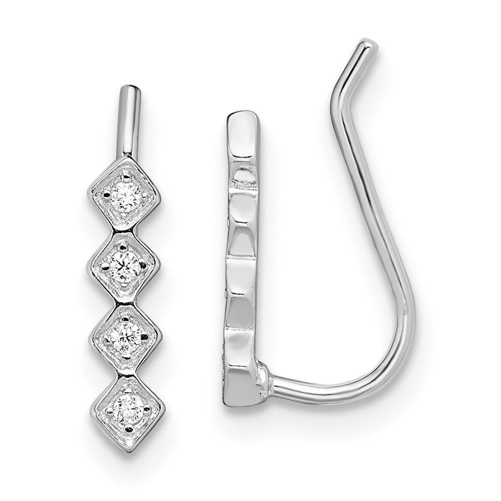 Sterling Silver Rhodium-plated Polished Four CZ Ear Climber Earrings, 3 x 12 mm