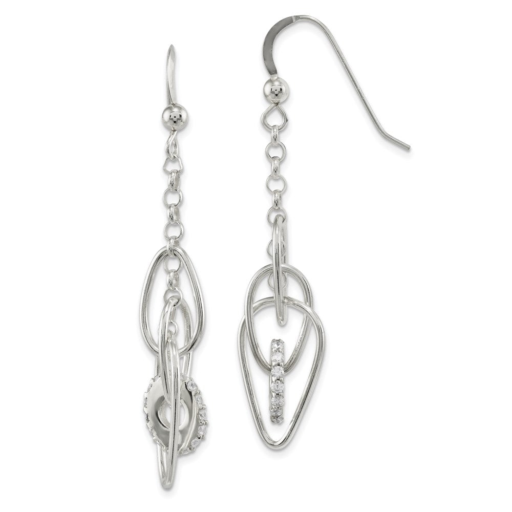 Sterling Silver Polished CZ Teardrop Dangle Shepherd Hook Earrings, 45 x 11 mm