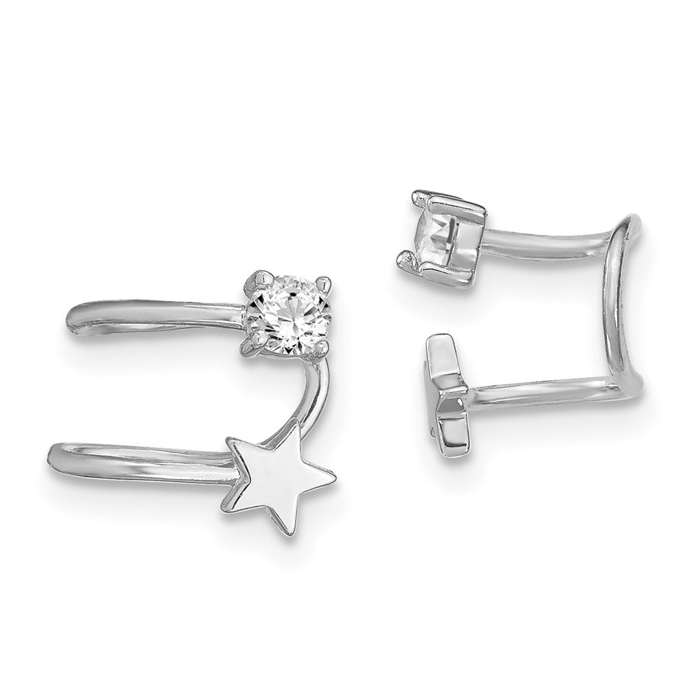 Sterling Silver Rhodium-plated Polished CZ & Star Single Cuff Earring, 9 x 10 mm