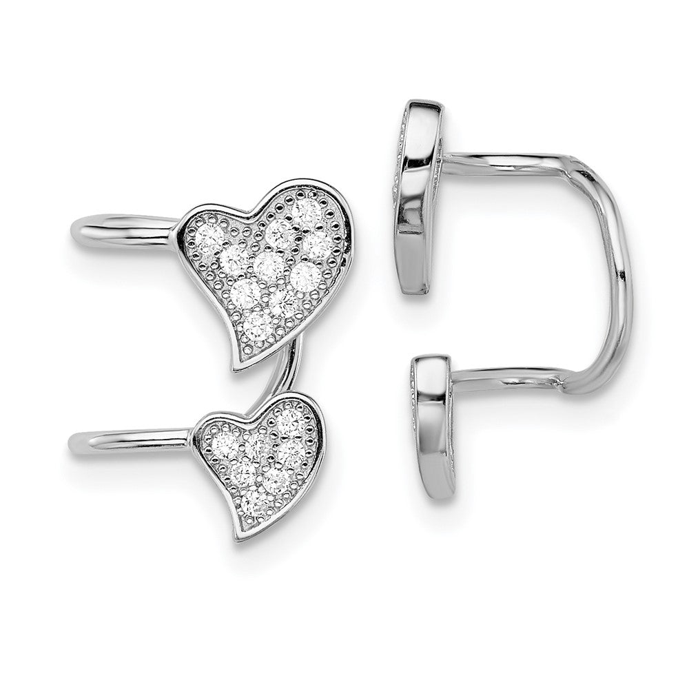 Sterling Silver Rhodium-plated Polished CZ Double Heart Right Cuff Earring, 15 x 10.5 mm