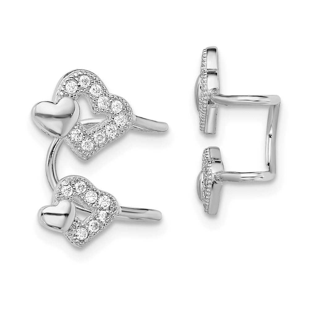 Sterling Silver Rhodium-plated Polished CZ Hearts Left Cuff Earring, 15 x 10 mm