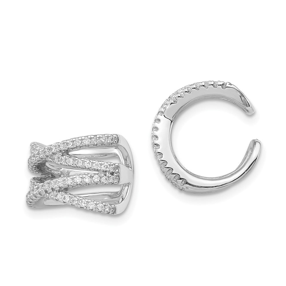 Sterling Silver Rhodium-plated Polished CZ Double 'X' Single Cuff Earring, 10 x 13 mm