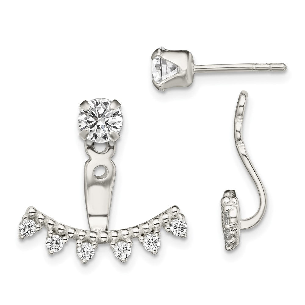 Sterling Silver Polished Beaded Curve & CZ Front & Back Post Earrings, 22 x 19 mm