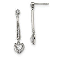 Sterling Silver Fancy CZ Heart Dangle Post Earrings, 35 x 8 mm